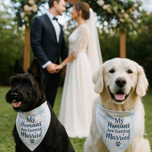 Two dogs wearing bandanas, standing in front of a couple getting married.